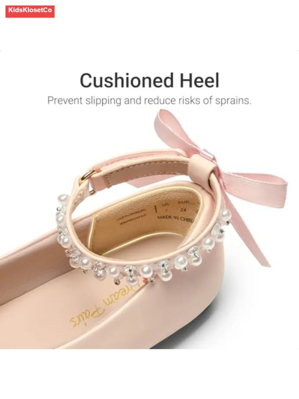 Toddler Girls Dress Shoes Mary Jane Ballet Flats with Pearl Ankle Strap & Satin